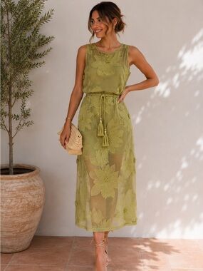 Flying Tomato Olive Green Floral Lace Maxi Dress